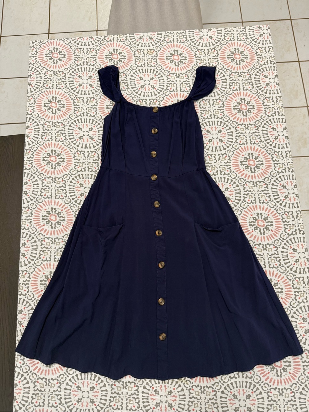 Navy Button-Front Midi Dress with Pockets